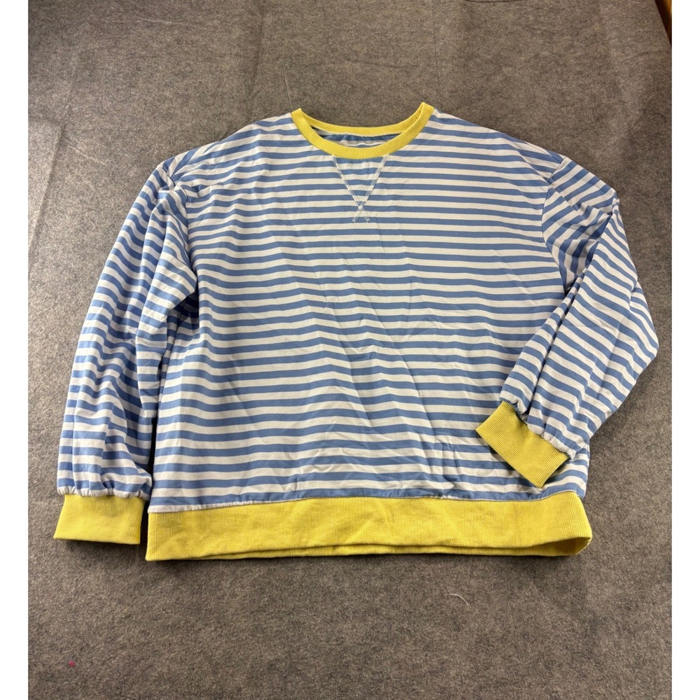 Blue White Striped Sweatshirt Yellow Trim Crewneck Nautical Pullover Womens L